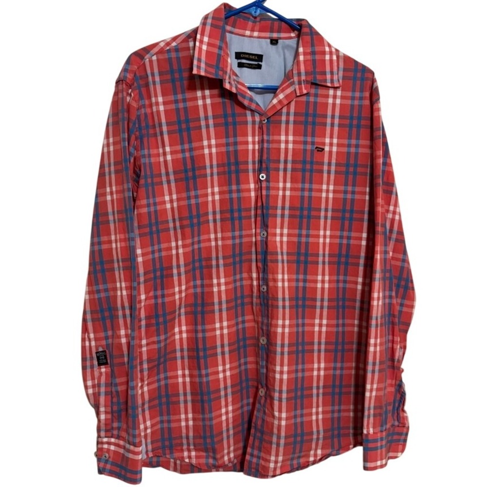 Diesel‎ Button Down Shirt Mens XL black Gold Flannel Pink Blue long sleeve Plaid